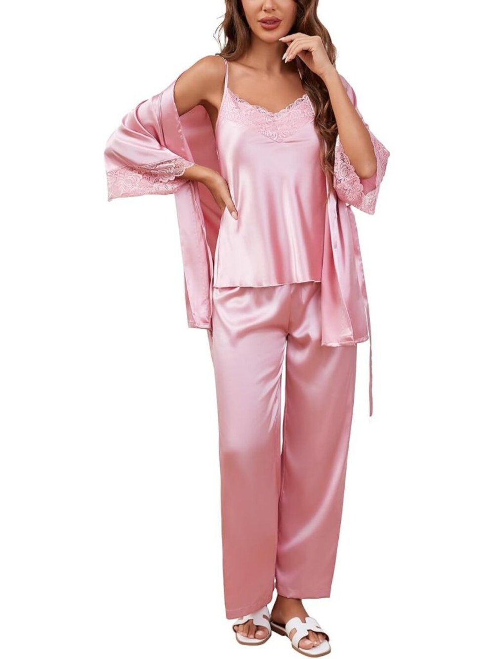 Luxurious 3-Piece Women's Silk Pajama Set with Satin Robe, Cami & Long Pants